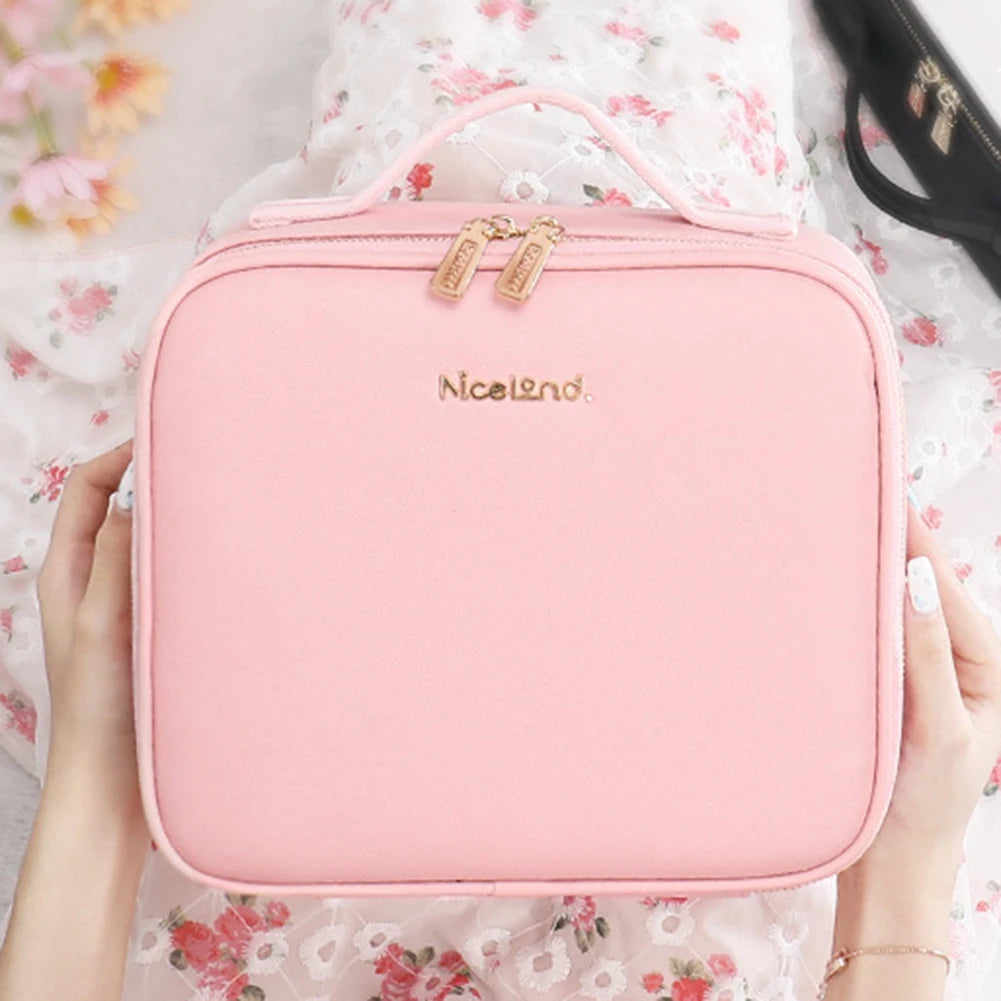 Smart LED Cosmetic Case with Mirror Toiletry Bag Portable Large Capacity Fashion Simple PU Leather Casual for Weekend Vacation