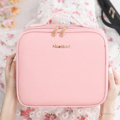 Smart LED Cosmetic Case with Mirror Toiletry Bag Portable Large Capacity Fashion Simple PU Leather Casual for Weekend Vacation