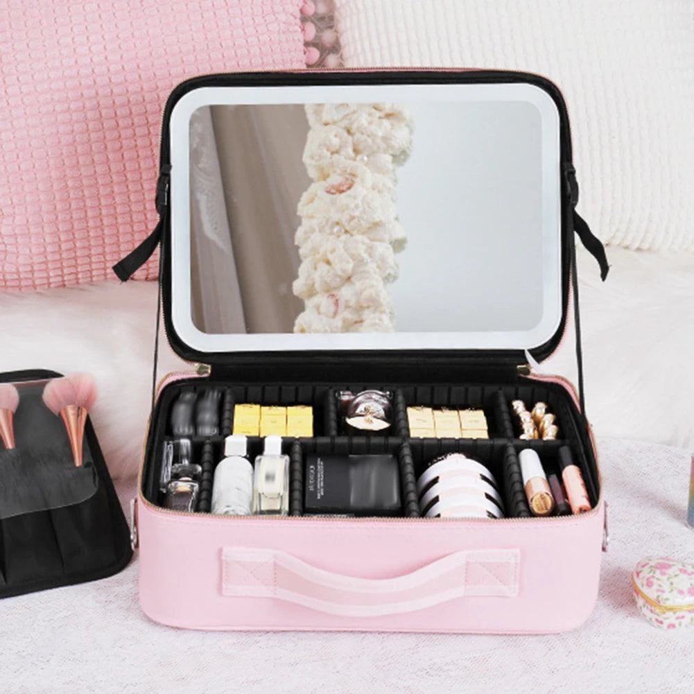 Smart LED Cosmetic Case with Mirror Toiletry Bag Portable Large Capacity Fashion Simple PU Leather Casual for Weekend Vacation