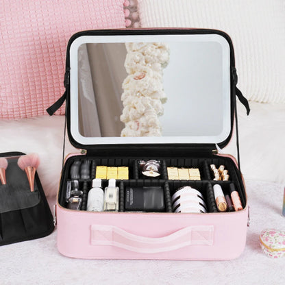 Smart LED Cosmetic Case with Mirror Toiletry Bag Portable Large Capacity Fashion Simple PU Leather Casual for Weekend Vacation